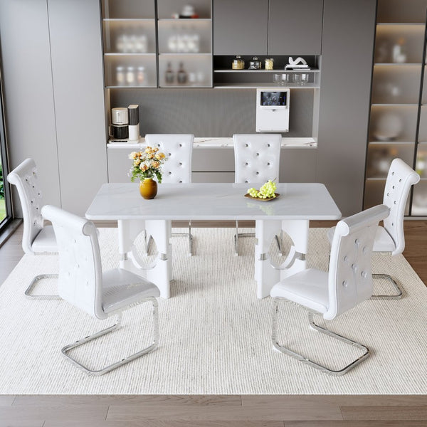 English Elm Modern White Faux Marble 7 Piece Dining Set Tufted Pvc Chairs for Kitchen W3875S00080