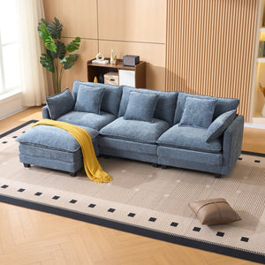 English Elm Beige Chenille Sectional Sofa with Modular Ottoman for Living Room or Studio Blue W2603S00007