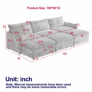 English Elm Corduroy 3-Seater Cloud Sofa With Movable Footrests - Oversized Deep-Seat Comfort For Any Room W834S00444
