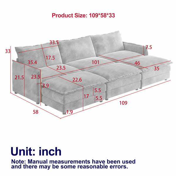 English Elm Corduroy 3-Seater Cloud Sofa With Movable Footrests - Oversized Deep-Seat Recliner For Ultimate Comfort W834S00443