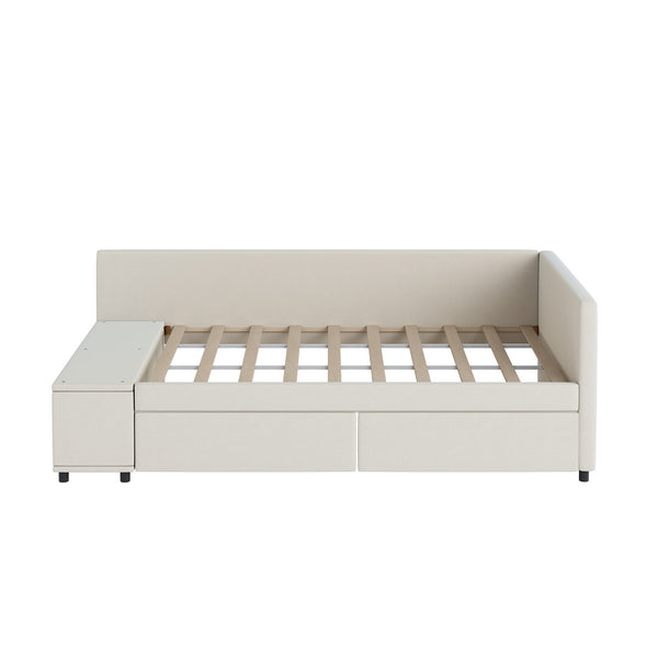 English Elm Twin Velvet L-Shaped Upholstered Platform Bed with Plush Headboard, Hidden Drawers & Cabinet Storage Beige SF000182AAA