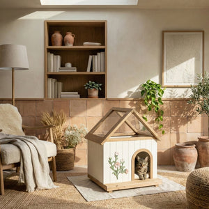 English Elm Daisy Cedar Pet House Acrylic Roof Floral Carved Indoor Outdoor Wooden Cat Shelter W3799P382526