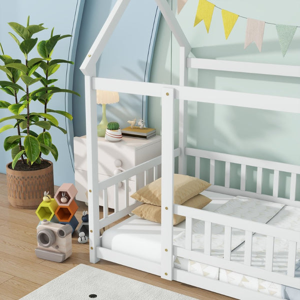 English Elm Twin House Bed Floor Frame Solid Rubberwood Guardrails Playhouse Nook for Kids W504P470124