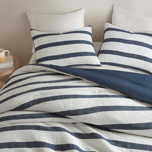 English Elm 3-piece Yarn-dyed Woven Stripe Comforter Set with Seersucker Texture for Full Queen Beds Blue B035P463219