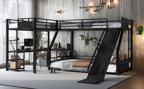English Elm L-Shaped Metal Bunk Bed With Twin Xl Loft, Queen Bed, Desk, Shelves & Slide - Space-Saving Design! W1580S00279