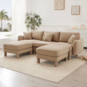 English Elm Boucle U-Shape 3-Seater Sectional Sofa With Shell Armrests & Movable Ottomans - Coffee Color Comfort W3041S00286