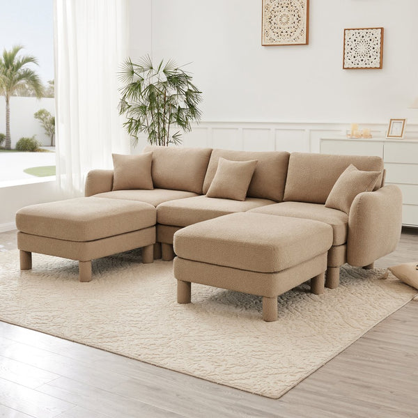 English Elm Boucle U-Shape 3-Seater Sectional Sofa With Shell Armrests & Movable Ottomans - Coffee Color Comfort W3041S00286