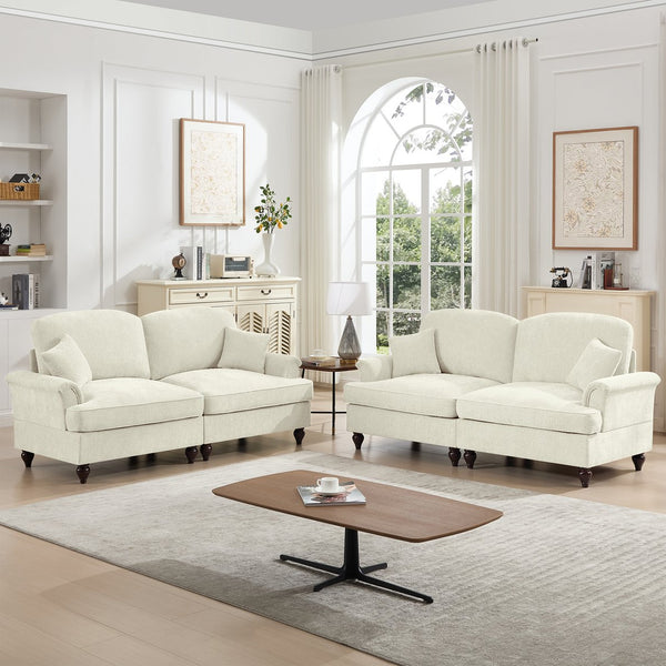 English Elm Classic 2-Piece Modular Couch Set - Flared Arms, Removable Skirts, Chenille Upholstery, Beige White W3041S00232