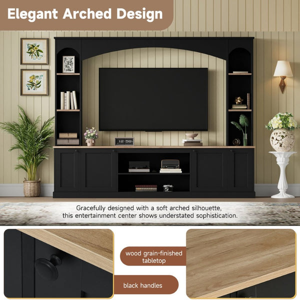 English Elm Arched Farmhouse Entertainment Center with Open Shelving for Living Room Black N721S000063B