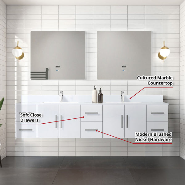 English Elm Glossy White Double Bath Vanity 84" W x 22" D with Cultured Marble Top, Chrome Faucet & 36" LED Mirrors B2731S01108