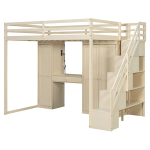 English Elm Full Size Loft Bed with Wardrobe Dressing Mirror Usb Ports and Teen Room Storage LT000276AAA