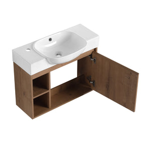 English Elm 26'' Wall-Mounted Bathroom Vanity with Glossy White Ceramic Sink, Soft-Close Door & Waterproof Finish Imitative Oak W999P310752