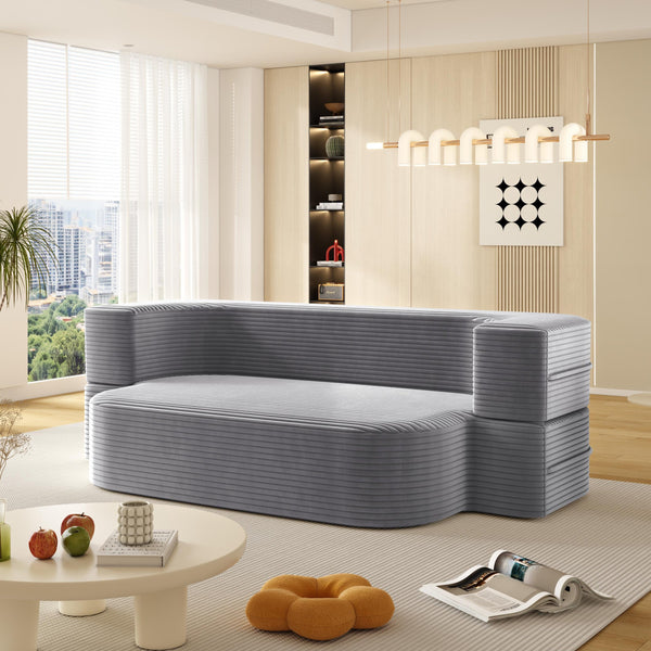English Elm 78.7" Modern Foldable Corduroy Sofa Bed with 2 Plush Pillows, 2-in-1 Convertible Sleeper and Blanket LIGHT GREY W3219P317385