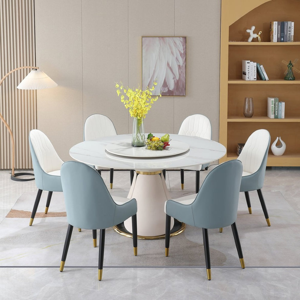 English Elm 59.05"modern Sintered Stone Dining Table with Lazy Susan and Six Leather Chairs W509S00185