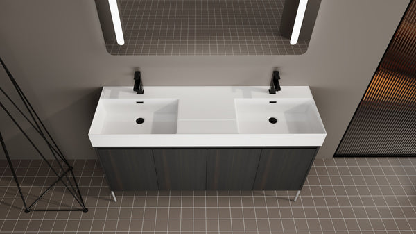 English Elm 60" Freestanding Bathroom Vanity with Dual Resin Sinks, Spacious Soft-Close Cabinet Storage, Durable Finish Dark Oak W1972S00016