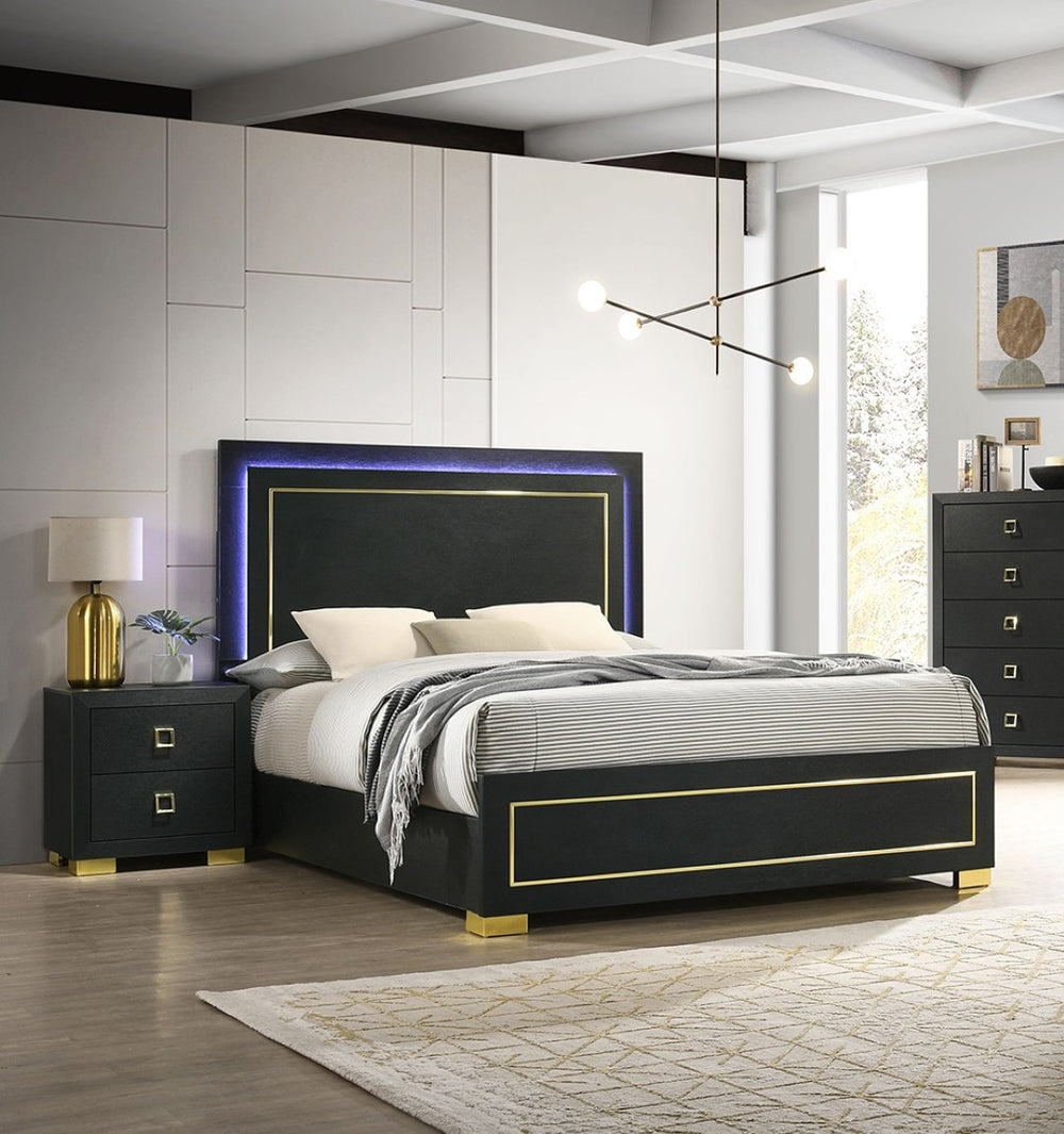 English Elm Contemporary Queen Bedroom Set Matte Black Wood Gold Legs Led Headboard Nightstands B2741S00157