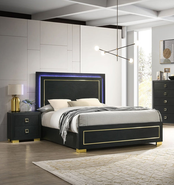 English Elm Contemporary Queen Bedroom Set Matte Black Wood Gold Legs Led Headboard Nightstands B2741S00157