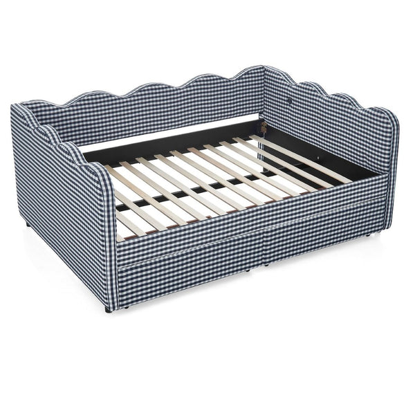 English Elm Full Size Gingham Linen Daybed with Wave Backrest Trundle and Usb Charging Port Navy Blue W1413S00148