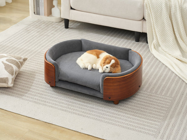 English Elm Scandinavian Mid-century Pet Sofa with Walnut Bentwood Back and Navy Velvet Cushion Dark Grey W794125938