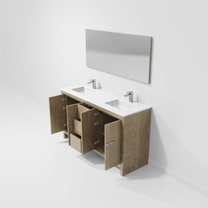 English Elm Rustic Acacia Double Bath Vanity With White Quartz Top, Gun Metal Faucet & 55 In. Mirror Included B2731S01685-GIGA