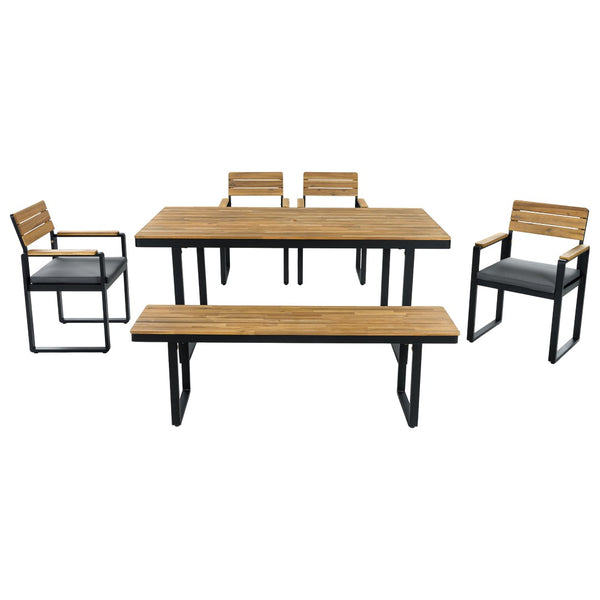English Elm 6-piece Outdoor Acacia Wood Patio Dining Set with Cushioned Chairs Bench Steel Frame Gray N704G201255E