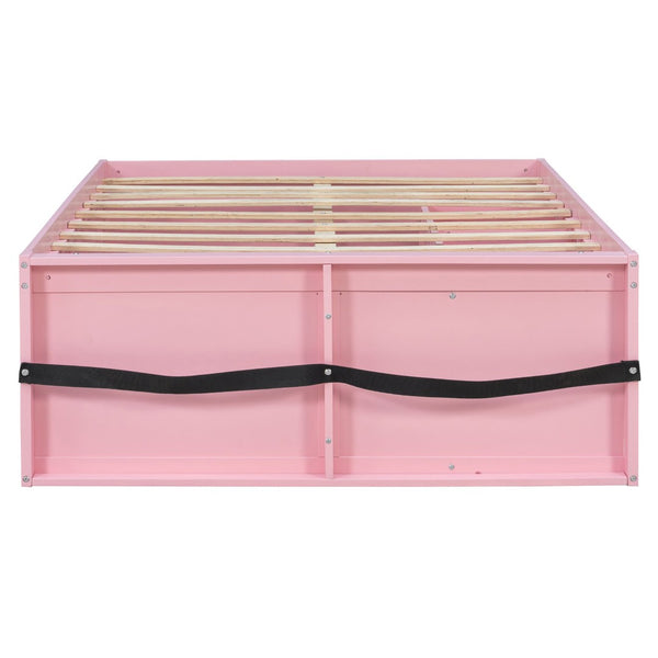 English Elm Full Size Kids Platform Bed with Led Lighting Bookshelf Display Cabinet and Storage Drawer Pink+White N820S00077H