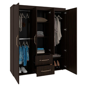 English Elm Stained Walnut Four Door Wardrobe with Rods Shelves and Drawers for Bedroom B062S01864