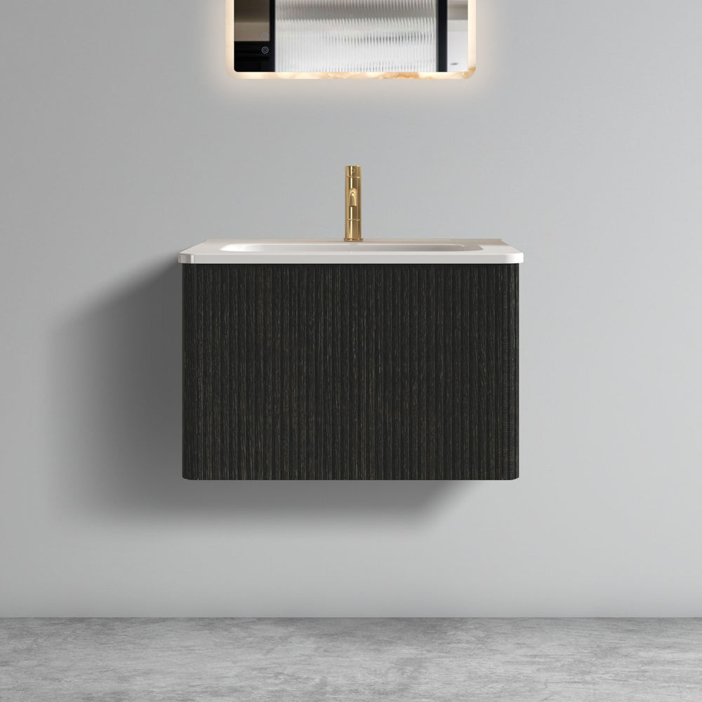 English Elm U056-Etna24W-308 Striped Brushed Black Oak Floating Vanity with White Integrated Ceramic Sink, Push-Open Drawer, Curved Edges W1865P218038