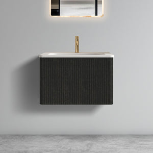English Elm U056-Etna24W-308 Striped Brushed Black Oak Floating Vanity with White Integrated Ceramic Sink, Push-Open Drawer, Curved Edges W1865P218038