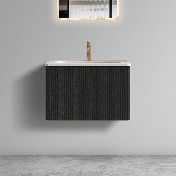English Elm U056-Etna24W-308 Striped Brushed Black Oak Floating Vanity with White Integrated Ceramic Sink, Push-Open Drawer, Curved Edges W1865P218038