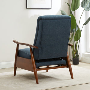English Elm Tustin Mid-century Push Back Recliner with Chestnut Wood Arms and Performance Fabric Blue B050P429144