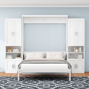 English Elm Full Murphy Bed with Desk & 2 Bookshelves, USB Ports, Adjustable Shelves, 600LB Capacity White BS7013008109C