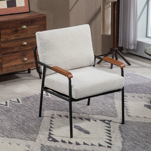 English Elm Modern Accent Chair with Natural Wood Arms, Black Metal Frame, Plush High-Rebound Cushion Comfort Beige W2215P248476