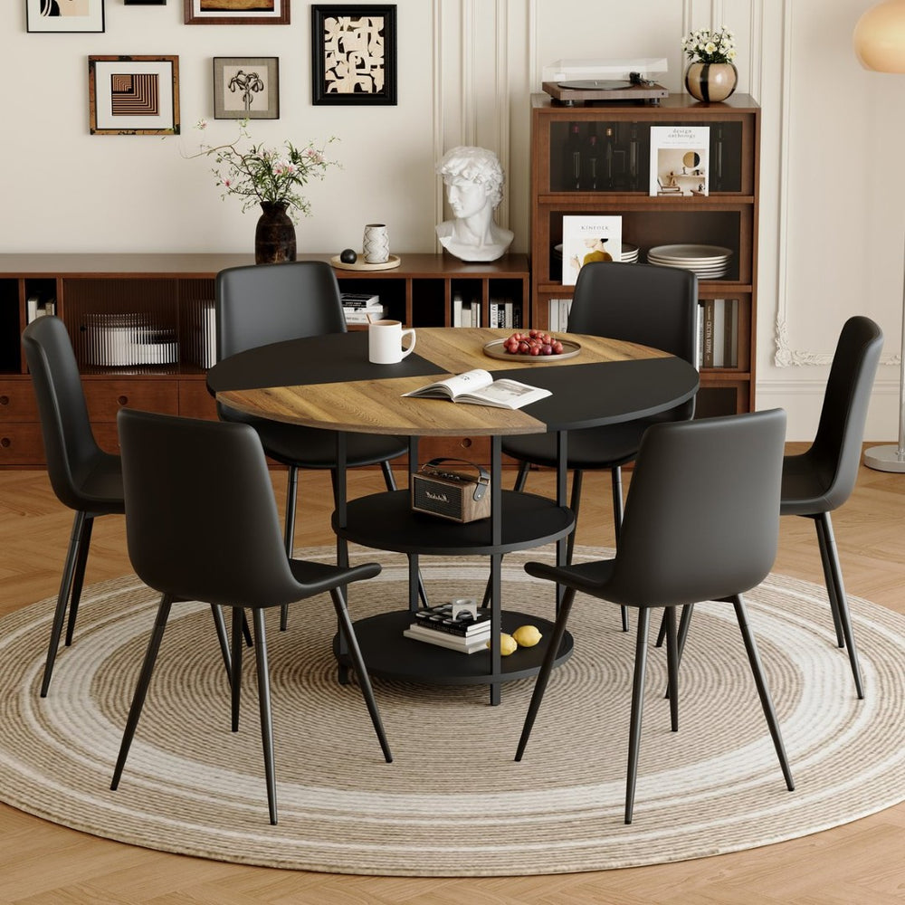 English Elm Table and Chair Set 47 Inch Round Geometric Two-tone Dining with Storage Base W1151S03338