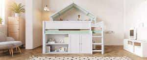 English Elm Full Size Pine Loft Bed with House Canopy Roof Built-in Shelves Kids Bedroom N7090005012F