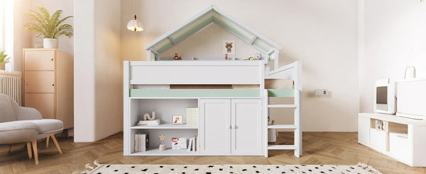 English Elm Full Size Pine Loft Bed with House Canopy Roof Built-in Shelves Kids Bedroom N7090005012F