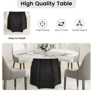 English Elm 59.05" Round Marble Dining Table For 6-8 People - Modern Artificial Stone With Black Oak Base W1535S00459