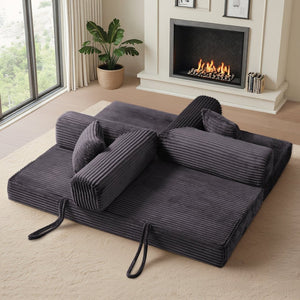 English Elm Compression Foldable Floor Sofa Bed Corduroy Futon with Foam Support for Small Spaces Dark Gray W3716P379184