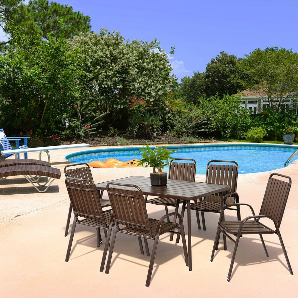 English Elm 7-Piece Patio Dining Set - Durable Steel Table With Comfortable Plastic Chairs For Outdoor Relaxation W640S00050