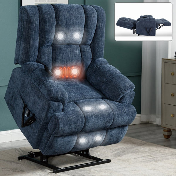 English Elm Dual Motor Power Lift Recliner Chenille Chair with Massage Heat and Infinite Positions Blue W3224P288489