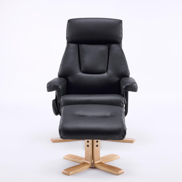 English Elm Black Pu Leather Swivel Accent Chair with Ottoman Heated Massage Wood Base Lounge W3248P465018