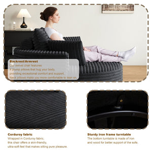English Elm 55''l 55'l Faux Rabbit Fur Corduroy Swivel Lounge Chair Cloud Foam Seat for Bedroom Black W834S00448