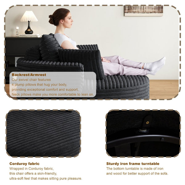 English Elm 55''l 55'l Faux Rabbit Fur Corduroy Swivel Lounge Chair Cloud Foam Seat for Bedroom Black W834S00448