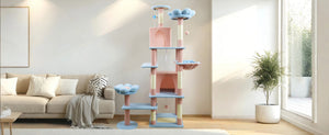 English Elm 71 Inch Floral Cat Tower with Condo Hammock Sisal Posts and Plush Perches for Large Breeds Blue W243P326628
