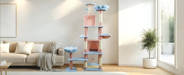 English Elm 71 Inch Floral Cat Tower with Condo Hammock Sisal Posts and Plush Perches for Large Breeds Blue W243P326628