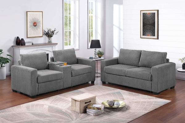 English Elm Modern Corduroy Sofa and Loveseat Set with Cup Holders Charging Station Living Room Smoke B011S02206