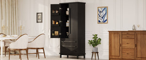 English Elm 70" Tall Pantry Cabinet Rubberwood Legs Three Drawers Six Door Shelves Kitchen Storage Black N762P326960B