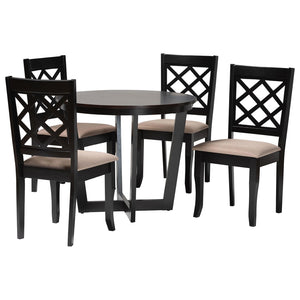 Baxton Studio Baxton Studio Selby 5-Piece Modern Dining Set with Round Table & Comfortable Sand Fabric Chairs Selby-Sand/Dark Brown-5PC Dining Set