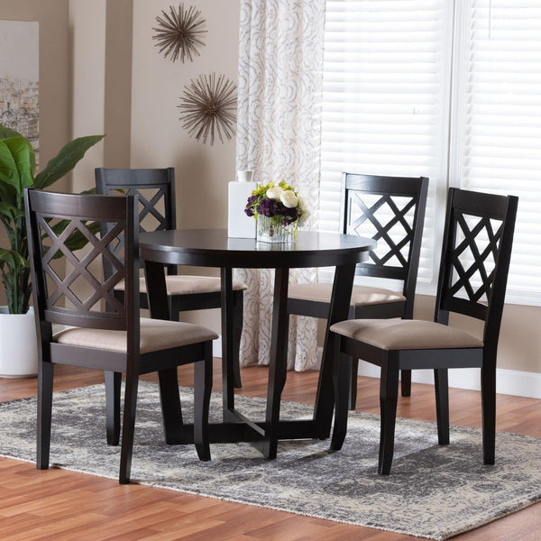 Baxton Studio Baxton Studio Selby 5-Piece Modern Dining Set with Round Table & Comfortable Sand Fabric Chairs Selby-Sand/Dark Brown-5PC Dining Set