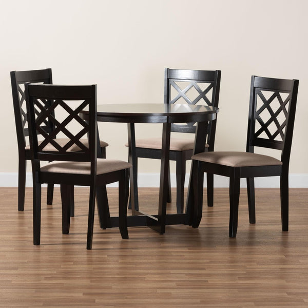 Baxton Studio Baxton Studio Selby 5-Piece Modern Dining Set with Round Table & Comfortable Sand Fabric Chairs Selby-Sand/Dark Brown-5PC Dining Set